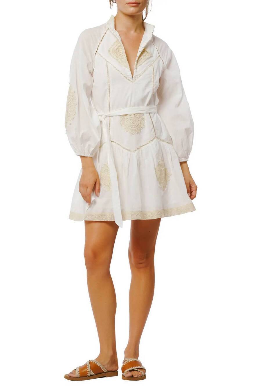 NEW CIEBON embroidered ladder stitch long sleeve minidress in white